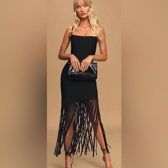 Lulu's Till We Meet Again Black Fringe Bandage Bodycon Maxi Dress Size XL - Picture 3 of 12